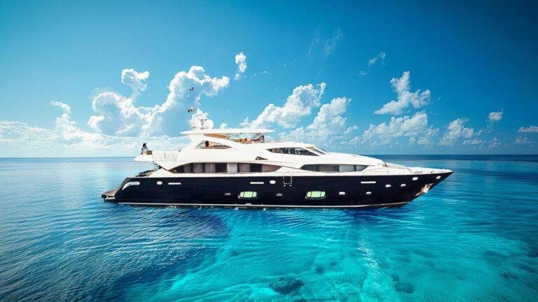 120 ft Sunseeker Viva La Vida luxury yacht charter at anchor in turquoise Caribbean, striking dark navy hull with white superstructure and flybridge